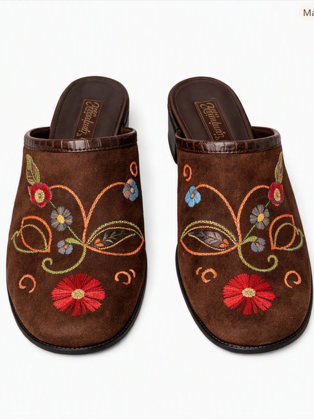 Brighton Suede/Leather Embroidered Brown Mules Size 8.5